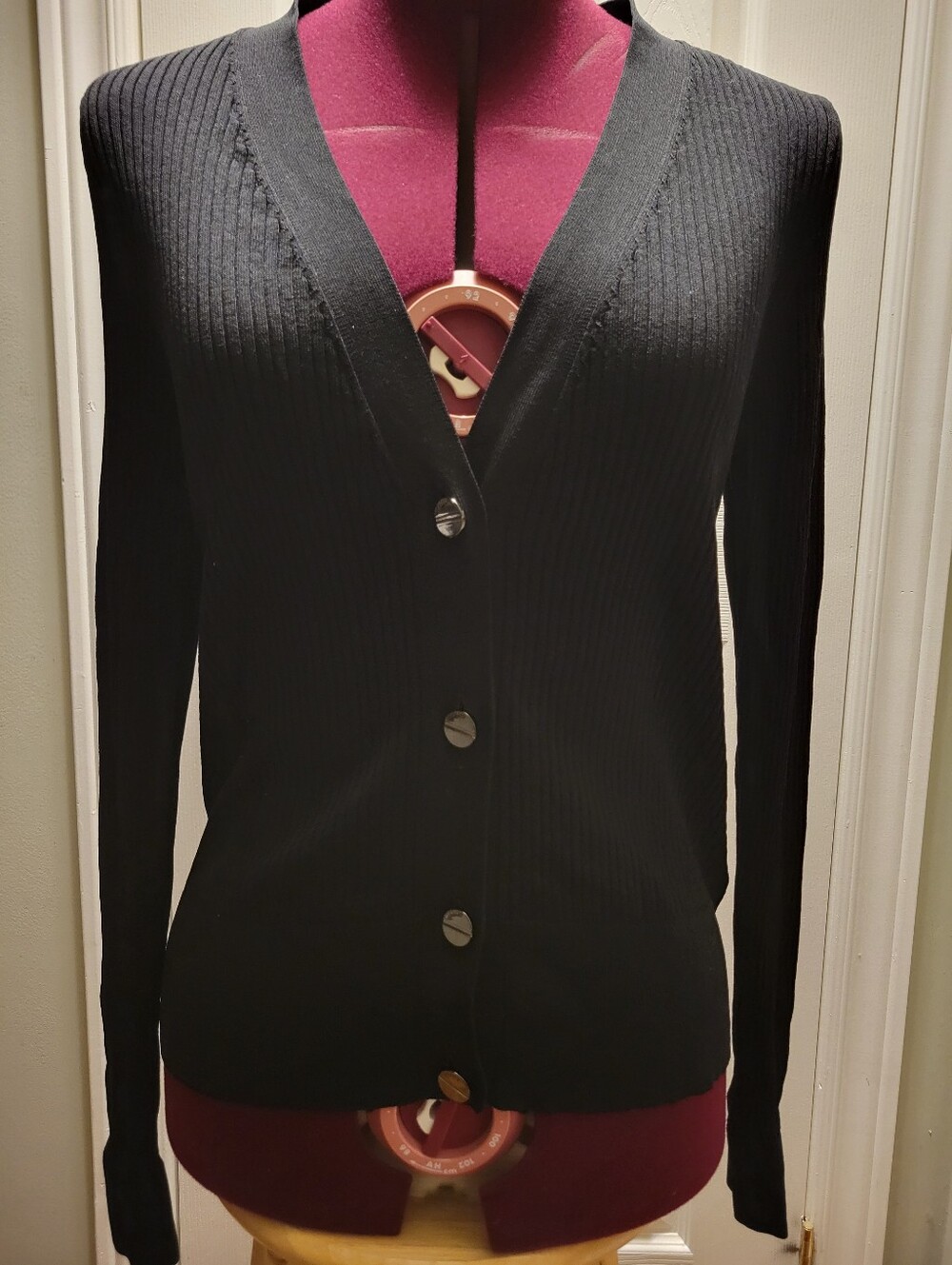 Ted Baker Black Ribbed V-Neck Button Cardigan, Size 4 (US 10)